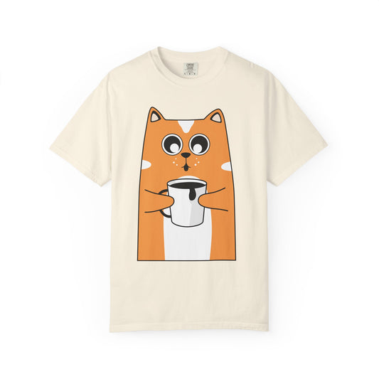 Cat with Coffee T-Shirt — Cute Orange Kitty Holding Mug Graphic Tee